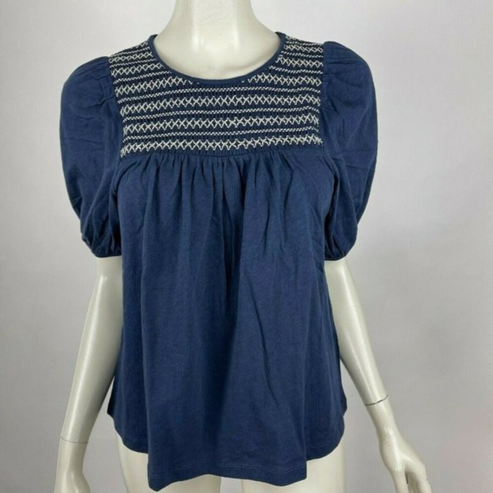 J Crew Puff-sleeve T-shirt Smocked Yoke Short Sleeve Round Neck Navy Women S NWT